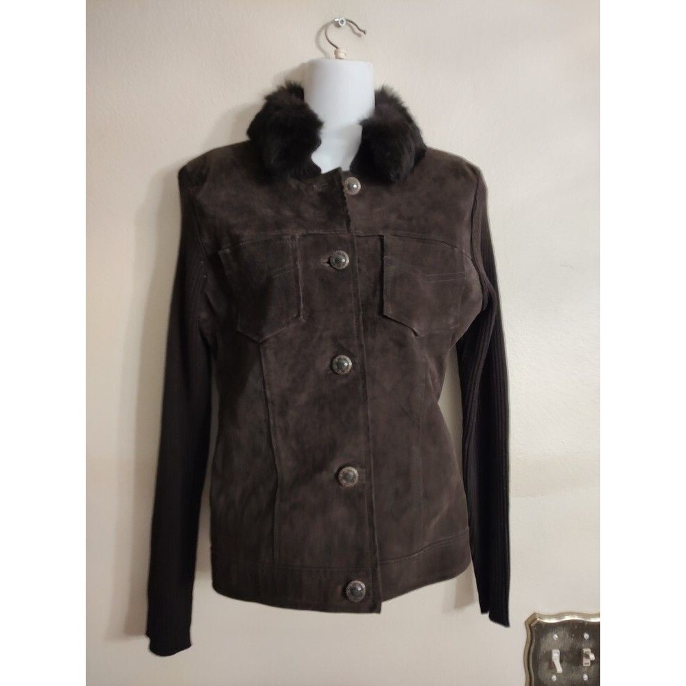 New Womens Escapade Brown Suede Leather Jacket w Removal Rabbit Fur Collar Sz S